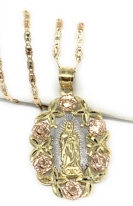 10k Solid Gold Tri-Color Virrgin Mary Flower Pendant Necklace Virrgen Gaudalupe Valentina Chain (LG)