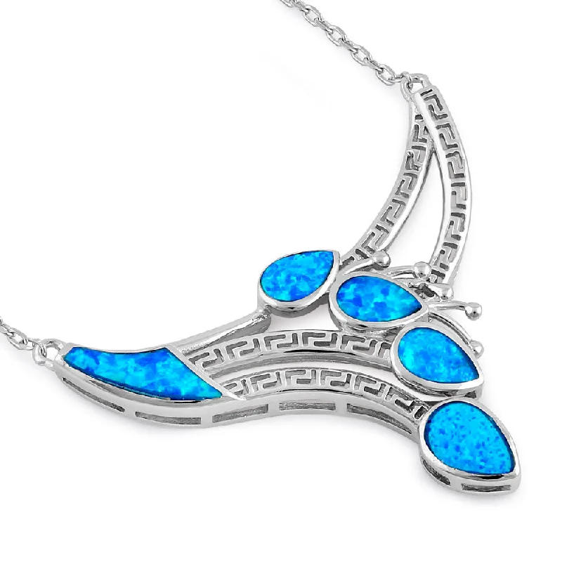 Sterling Silver Blue Lab Opal Anthurium Bouquet Greek Necklace