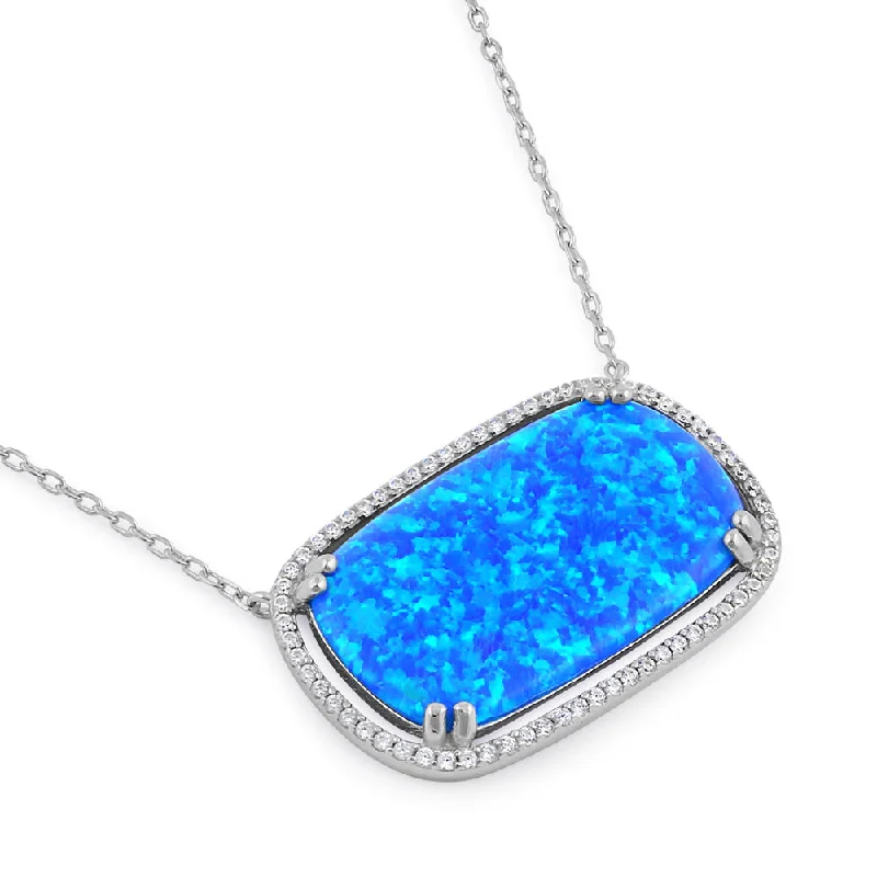 Sterling Silver Blue Opal Squoval Halo CZ Necklace