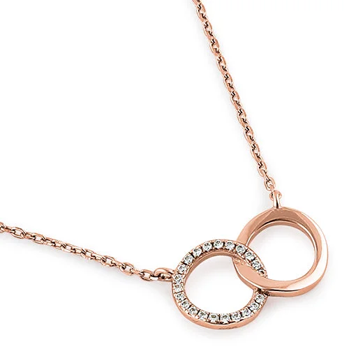 Sterling Silver Rose Gold Double Link Circles CZ Necklace