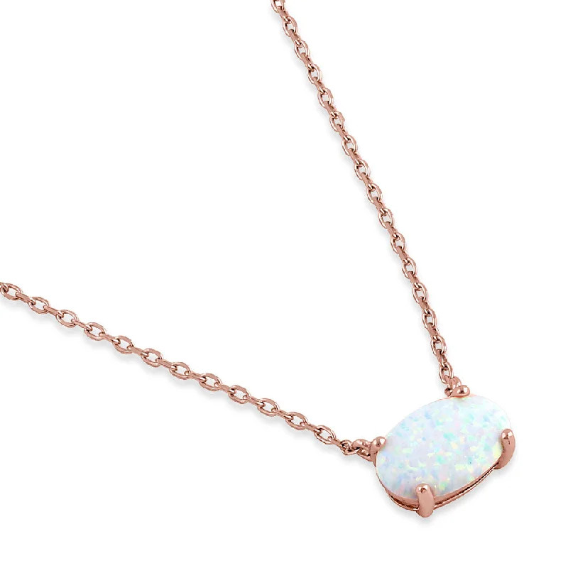 Sterling Silver Rose Gold Plated Oval White Lab Opal Necklace