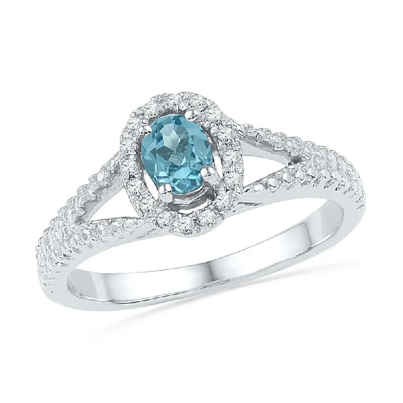 10kt White Gold Womens Oval Synthetic Blue Topaz Solitaire Diamond Ring 1/2 Cttw