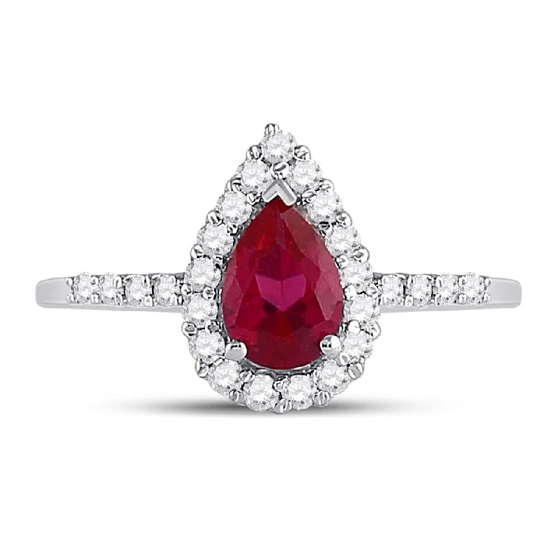 10kt White Gold Womens Pear Synthetic Ruby Solitaire Diamond Frame Ring 1-1/5 Cttw