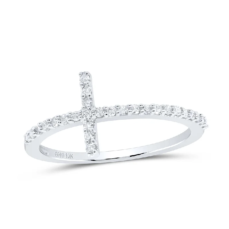 10kt White Gold Womens Round Diamond Cross Religious Band Ring 1/5 Cttw