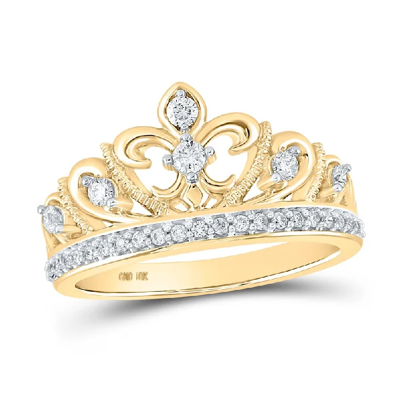 10kt Yellow Gold Womens Round Diamond Fleur-de-lis Crown Ring 1/3 Cttw