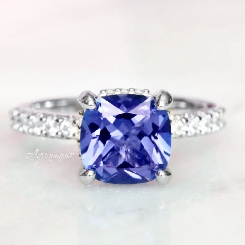 Cushion Hidden Halo Tanzanite Ring- Sterling Silver