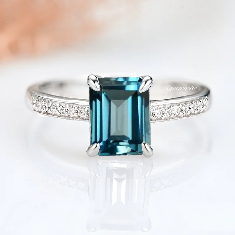 Ava Emerald Cut Natural London Blue Topaz Ring- Sterling Silver