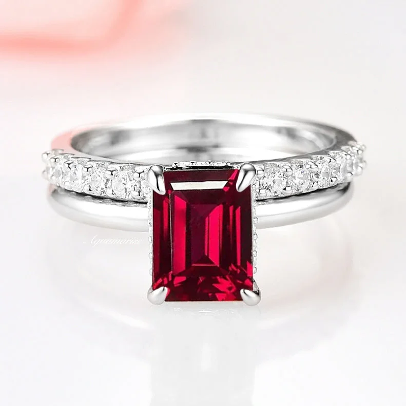 Raspberry Tourmaline Ring Set- Red Gemstone Bridal Engagement Rings