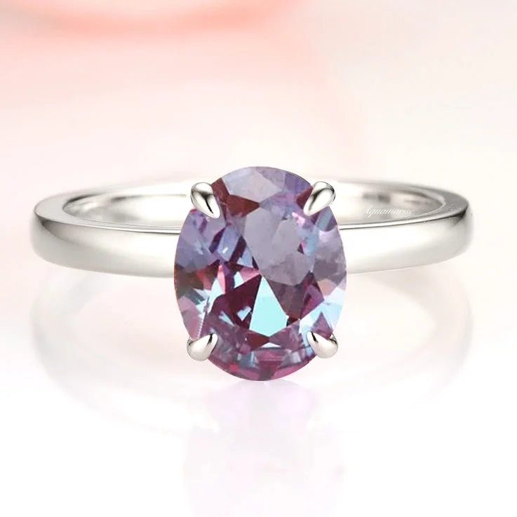 Solitaire Alexandrite Ring- 2ct Oval Cut Engagement Rings for Women