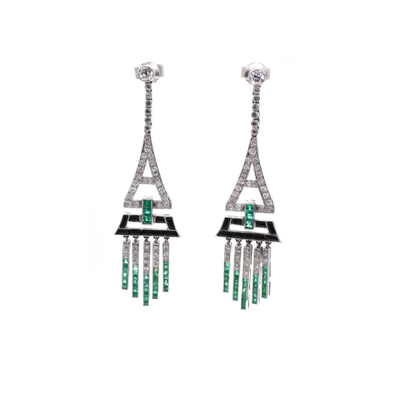 Art Deco Platinum Diamond, Emerald & Onyx Earrings