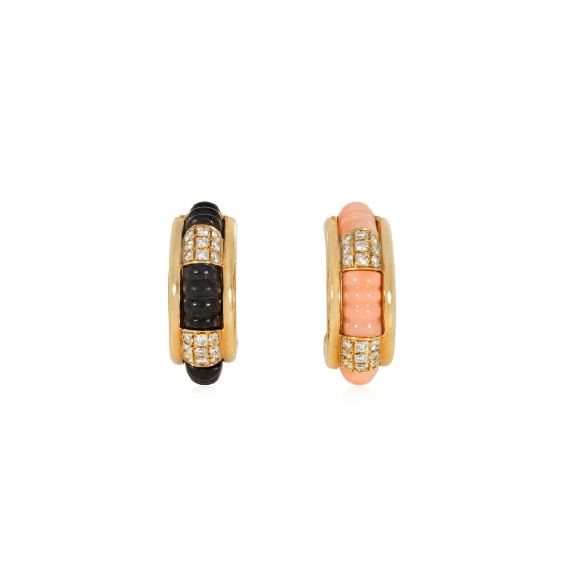 Boucheron Paris Post-1980s 18KT Yellow Gold Coral, Diamond, Onyx & Wood Interchangeable Pluriel Earrings