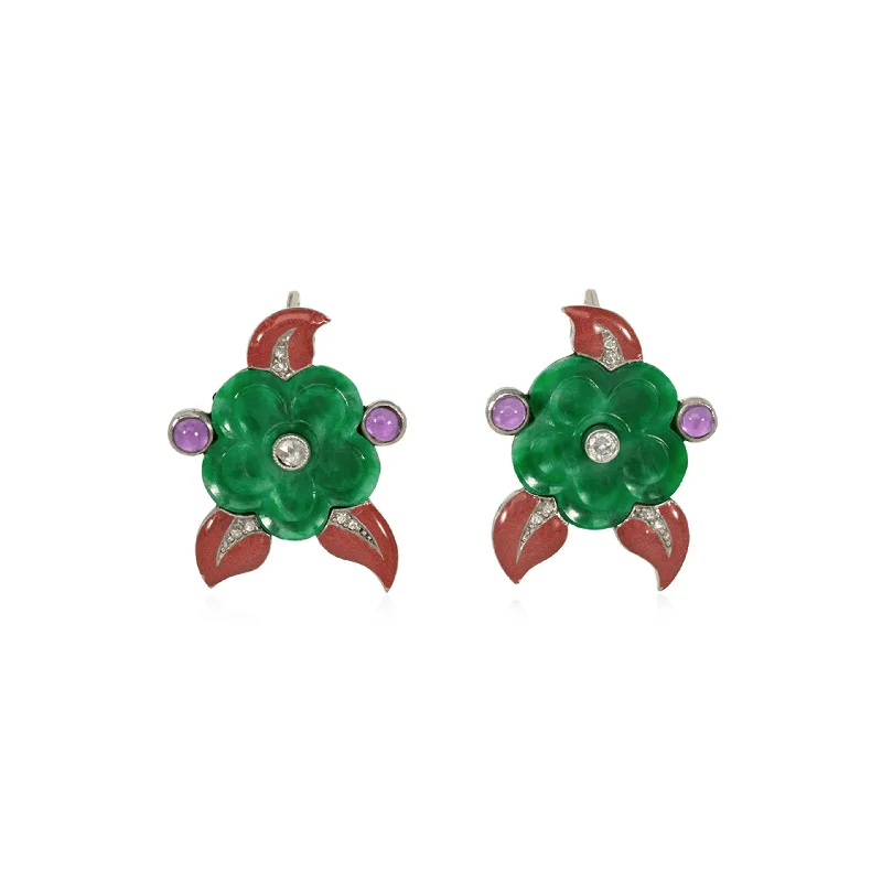 Cartier French Art Deco 18KT White Gold Jade, Amethyst, Diamond & Enamel Flower Earrings