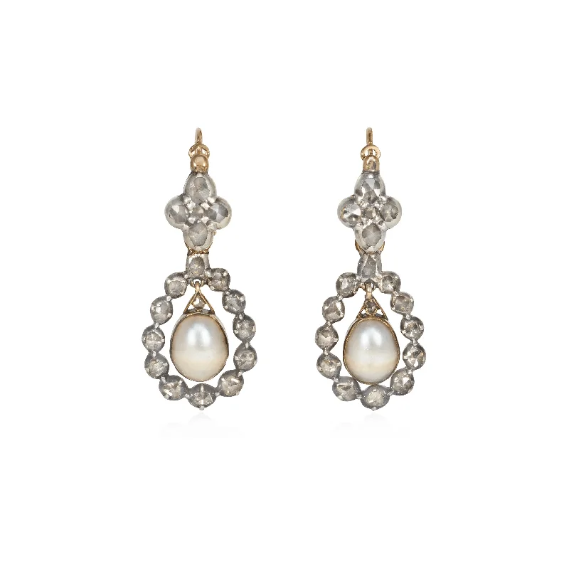 Georgian Silver & 18KT Yellow Gold Diamond & Pearl Earrings