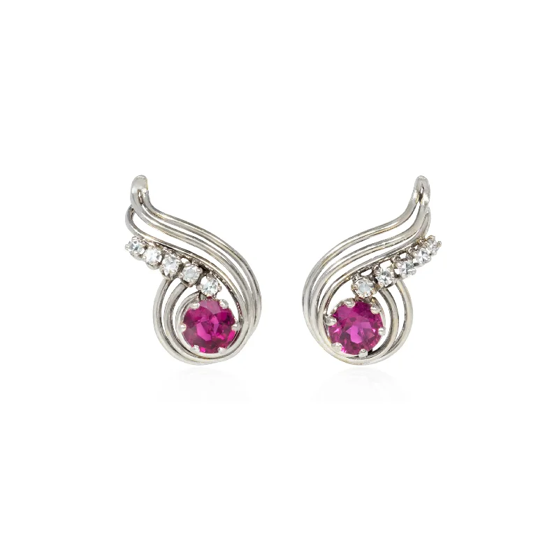 Hélène Vidal French Retro Platinum & 18KT Yellow Gold Ruby & Diamond Earrings