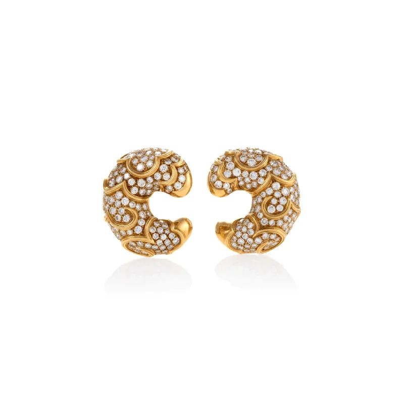 Marina B 1970s 18KT Yellow Gold Diamond Onda Earrings