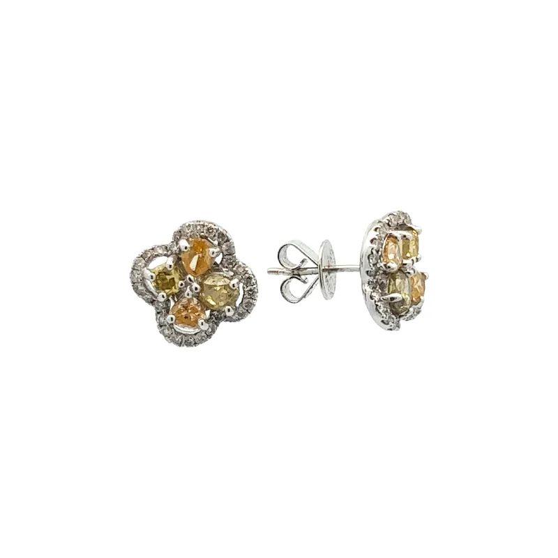 Post-1980s 18KT White Gold Yellow & White Diamond Earrings