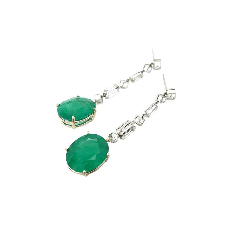 Post-1980s 18KT Yellow Gold & Platinum Emerald & Diamond Earrings