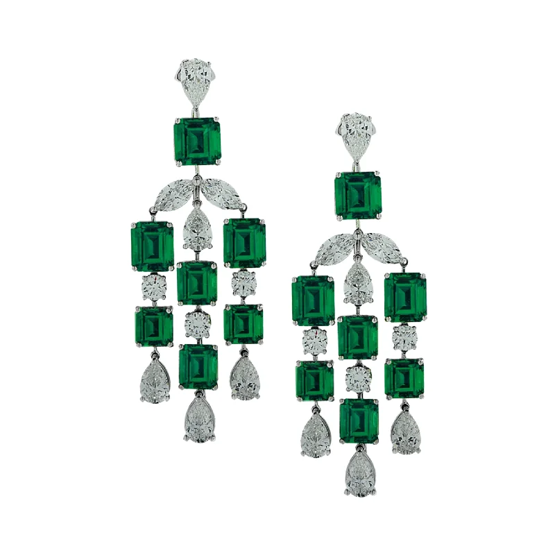 Post-1980s Platinum Colombian Emerald & Diamond Dangle Earrings