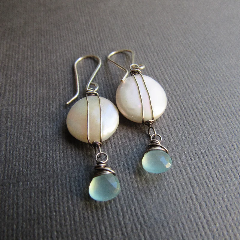 White Coin Pearls and Aqua Chalcedony Earrings