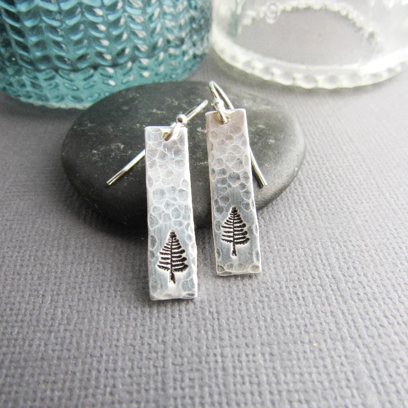 Sterling Silver Bar Earrings with Stamped Evergreen Tree