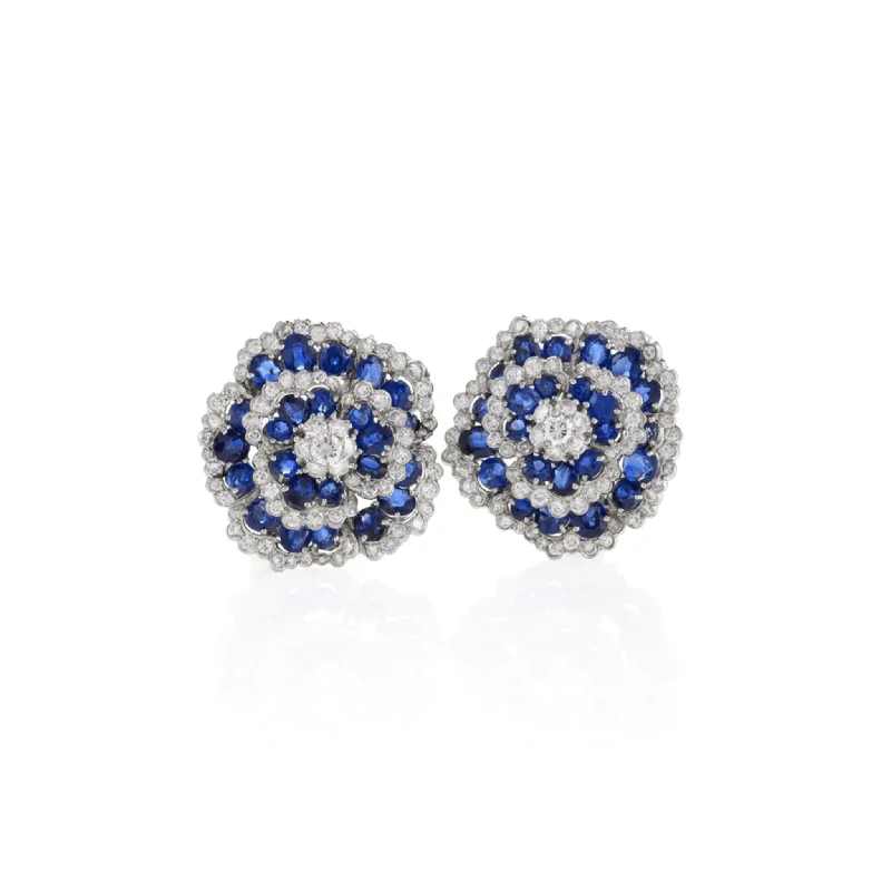 Van Cleef & Arpels 1960s Platinum Diamond & Sapphire Camellia Earrings