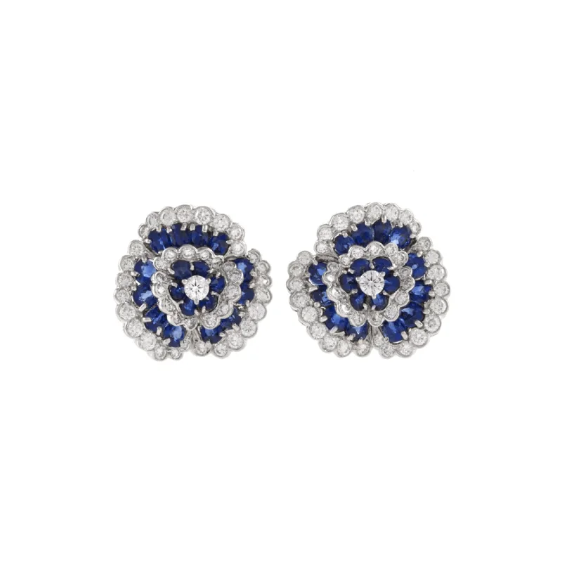 Van Cleef & Arpels Paris 1950s Platinum Sapphire & Diamond Camellia Earrings