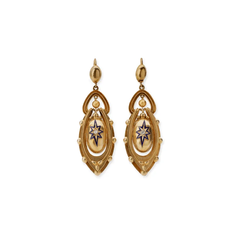 Victorian 14KT Yellow Gold Diamond & Enamel Earrings