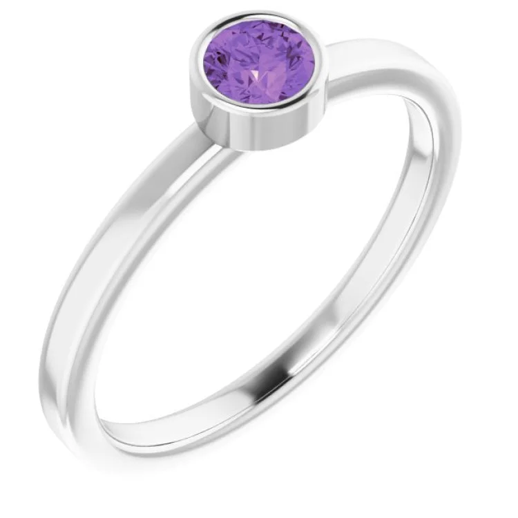 14K White 4 mm Natural Amethyst Ring