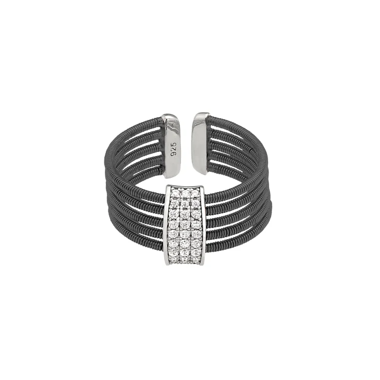 Black Rhodium Finish Sterling Silver Multi Cable Cuff Ring with Rhodium Finish Simulated Diamond Three Rows