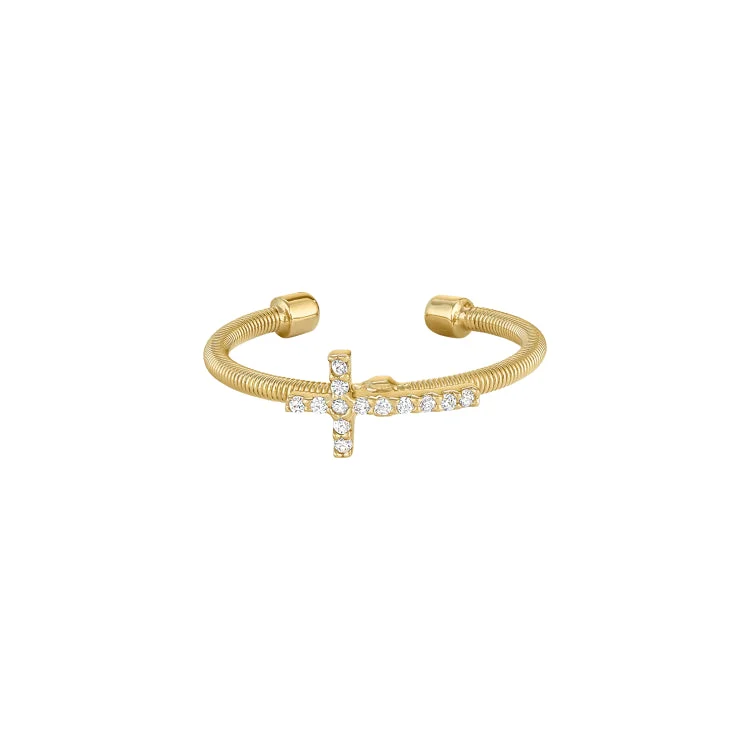 Gold Finish Sterling Silver Cable Cuff Cross Ring with Simulated Diamonds