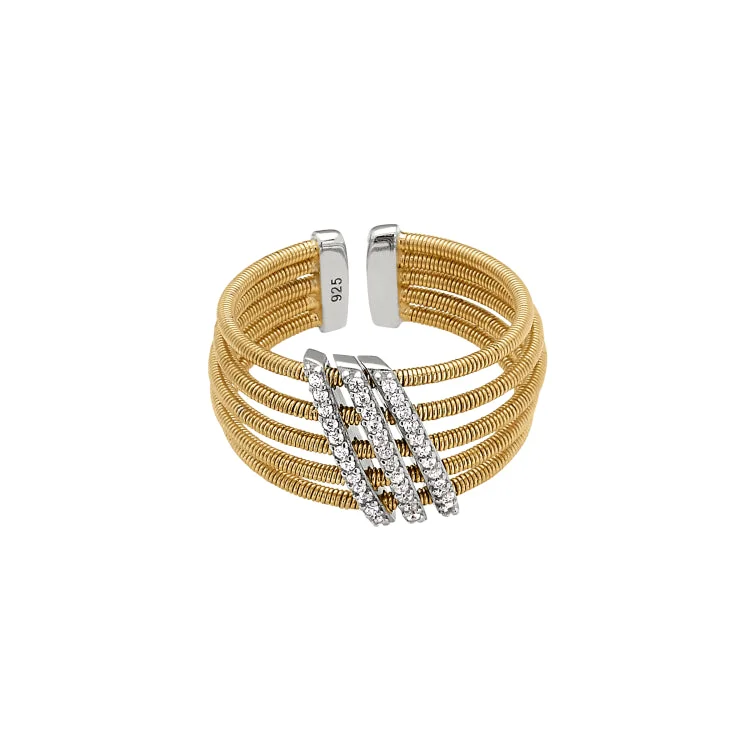 Gold Finish Sterling Silver Multi Cable Cuff Ring with Rhodium Finish Simulated Diamond Three Diagonal Bars