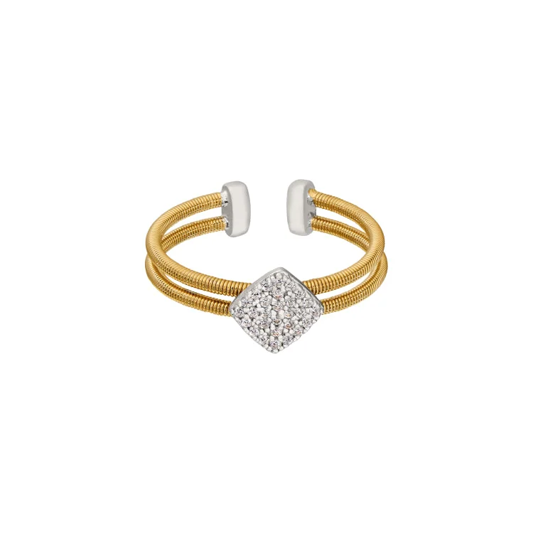 Gold Finish Sterling Silver Two Cable Cuff Ring with Rhodium Finish Simulated Diamond Large Diamond Shape