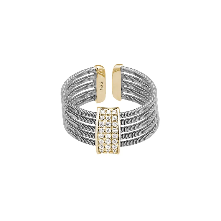 Rhodium Finish Sterling Silver Multi Cable Cuff Ring with Gold Finish Simulated Diamond Three Rows