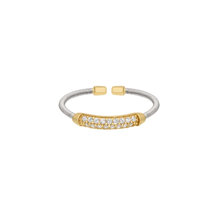 Rhodium Finish Sterling Silver Single Cable Cuff Ring with Gold Finish Double Row Simulated Diamonds