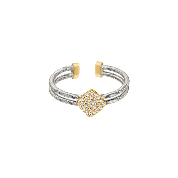 Rhodium Finish Sterling Silver Two Cable Cuff Ring with Gold Finish Simulated Diamond Large Diamond Shape