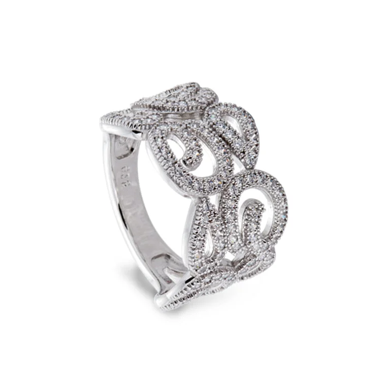 Platinum Finish Sterling Silver Micropave Swirl Ring with 126 Simulated Diamonds