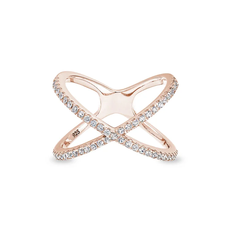 Rose Gold Finish Sterling Silver Micropave Criss-Cross Ring with Simulated Diamonds