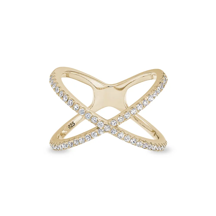 Gold Finish Sterling Silver Micropave Criss-Cross Ring with Simulated Diamonds