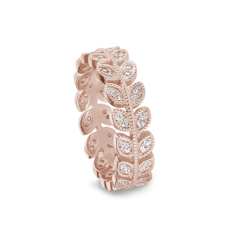 Rose Gold Finish Sterling Silver Micropave Leaf Ring with Simulated Diamonds