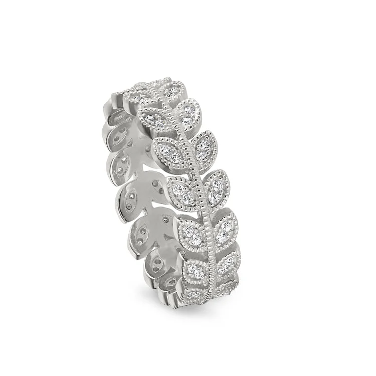 Platinum Finish Sterling Silver Micropave Leaf Ring with Simulated Diamonds