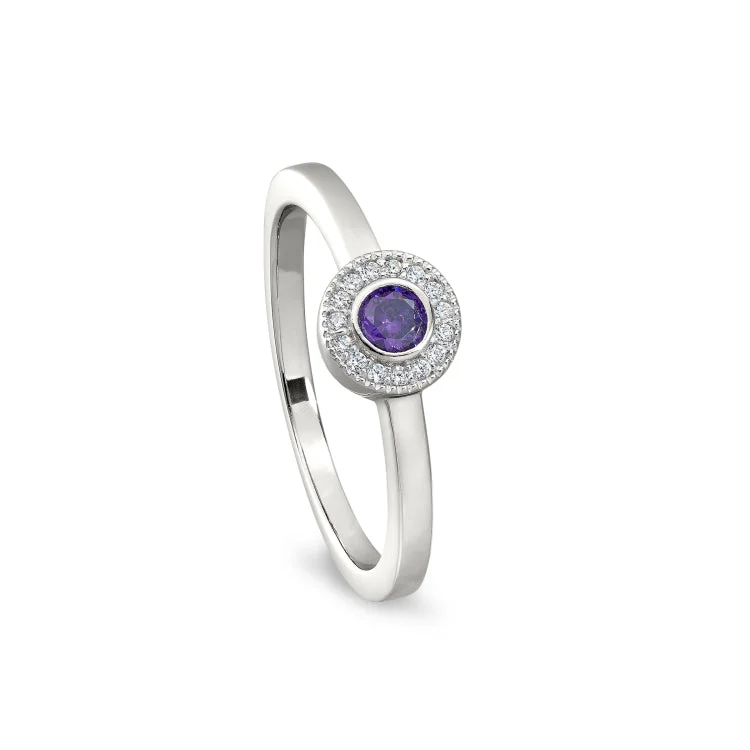 Platinum Finish Sterling Silver Micropave Round Simulated Amethyst Ring with Simulated Diamonds Size 4