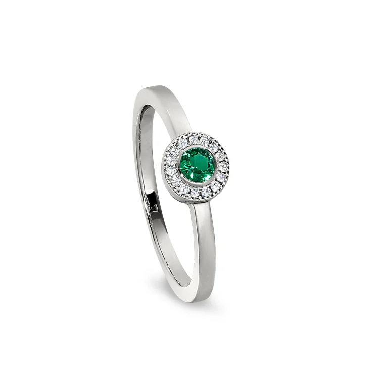 Platinum Finish Sterling Silver Micropave Round Simulated Emerald Ring with Simulated Diamonds Size 5