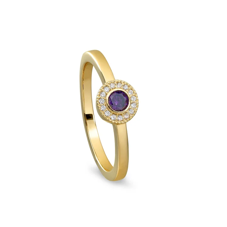 Gold Finish Sterling Silver Micropave Round Simulated Amethyst Ring with Simulated Diamonds Size 6