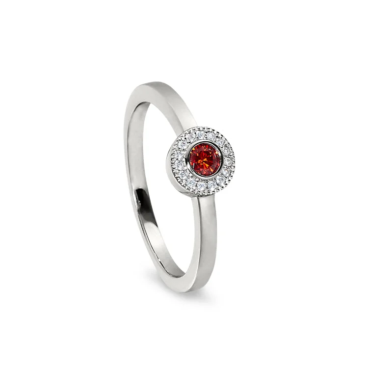 Platinum Finish Sterling Silver Micropave Round Simulated Garnet Ring with Simulated Diamonds Size 7