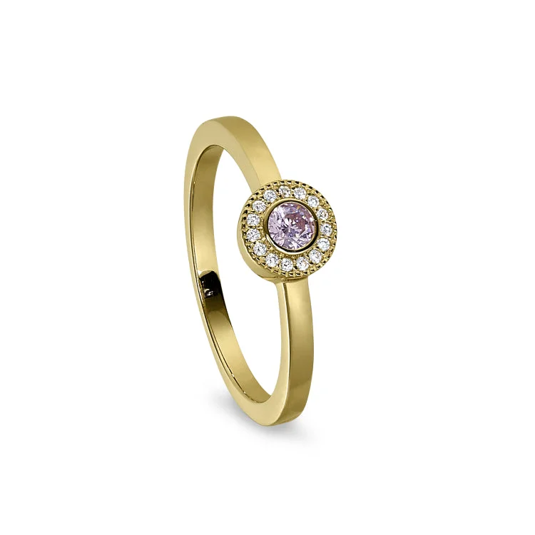 Gold Finish Sterling Silver Micropave Round Simulated Pink Sapphire Ring with Simulated Diamonds Size 8