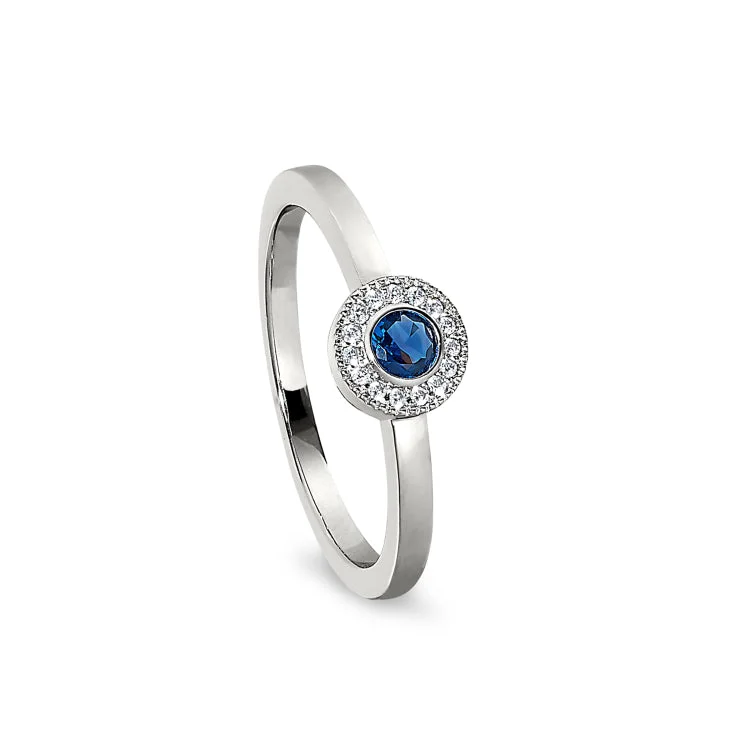 Platinum Finish Sterling Silver Micropave Round Simulated Sapphire Ring with Simulated Diamonds Size 8