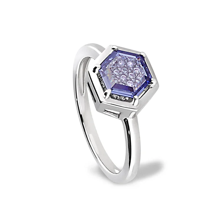 Platinum Finish Sterling Silver Flat Hexagon Synthetic Tanzanite Ring with Simulated Diamonds - Size 9