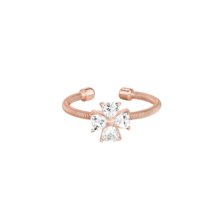 Rose Gold Finish Sterling Silver Cable Cuff 4 Heart Shaped Stones Cross Ring with Simulated Diamonds