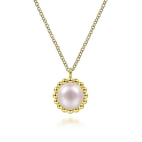 14K Y Gold 7mm Pearl Necklace with Beaded Frame