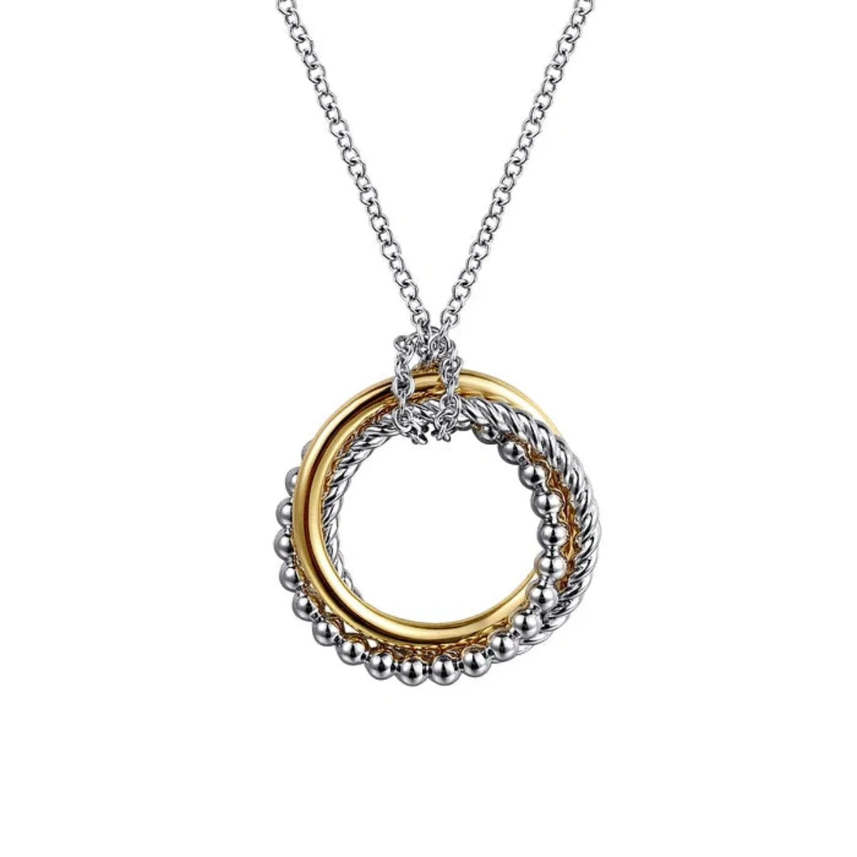 14K Y Gold and SS Twisted Rope Multi Circle Pendant